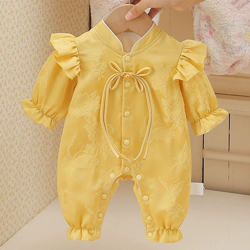 Baby Clothing Yellow - 春秋幼児女の子服中国風のかわいい花黄色長袖幼児ロンパースベビーアイテム新生児服 B385