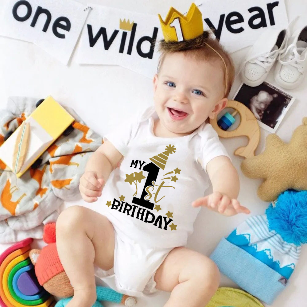 Baby Clothing Outlet - 私の 1st 誕生日新生児ロンパース夏幼児ボディ幼児ショートプリンススリーブジャンプスーツ赤ちゃん男の子誕生日パーティー衣装服