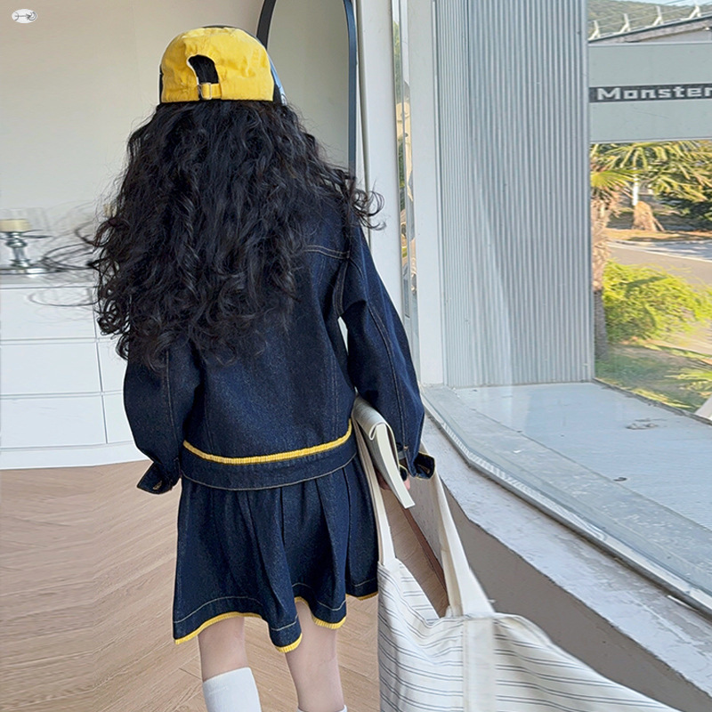 Baby Clothing Yellow - 十代の女の子向けトレンドの黄色いラペルデニムジャケットとスカートのセット、春と秋のカジュアルな子供服、ベビーガールズ服、キッズスーツ