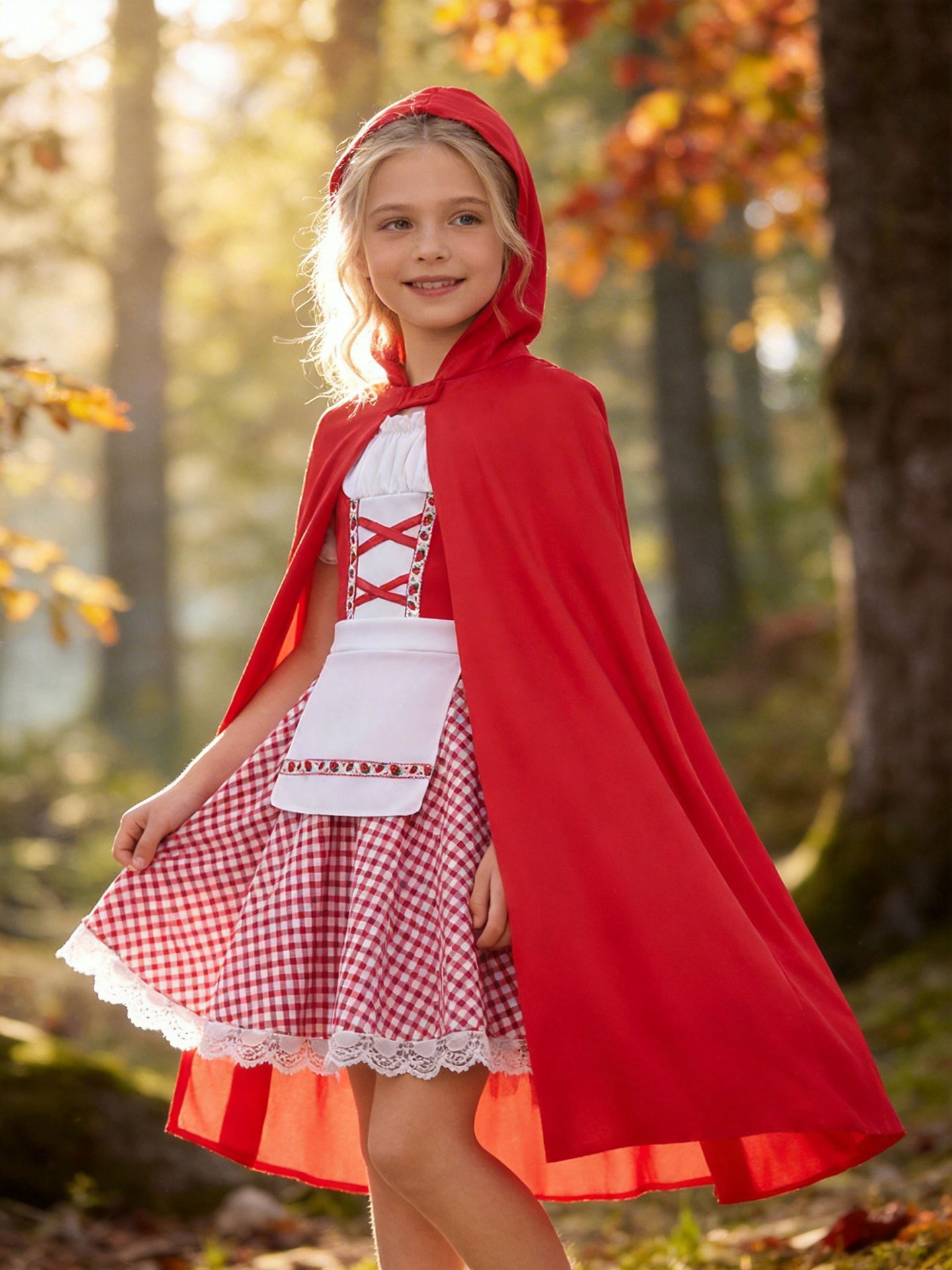 Baby Clothing Sizes - 子供赤ずきんちゃんコスチューム女の子ハロウィンコスプレ衣装赤いフード付きマントチェック柄レースイチゴドレスおとぎ話ファンシー