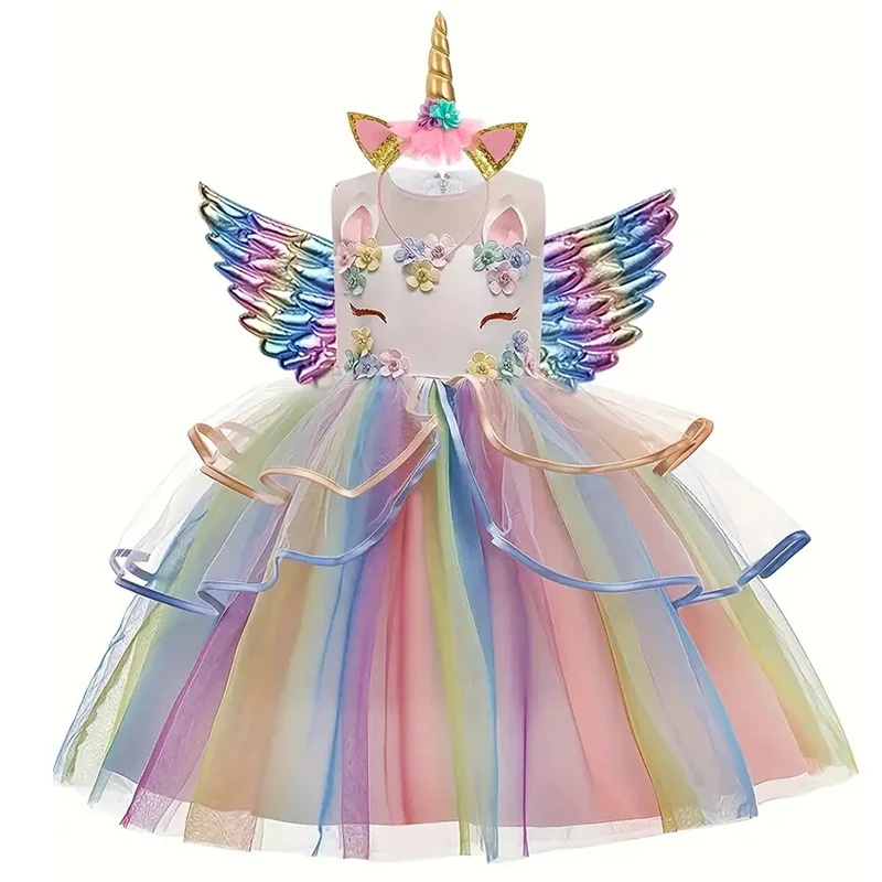 Baby Clothing Sizes - 子供のユニコーンプリンセスドレス誕生日女の子パーティードレスエレガントなレインボーイブニングドレスお祝いパフォーマンス衣装