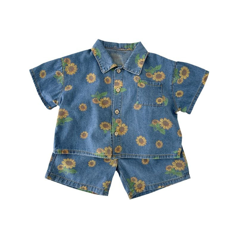 Baby Clothing Sale - 5509子供服セット2026夏大セールベビー男の子用カウボーイスーツひまわり柄シャツ+ショートパンツカジュアルツーピーススーツ