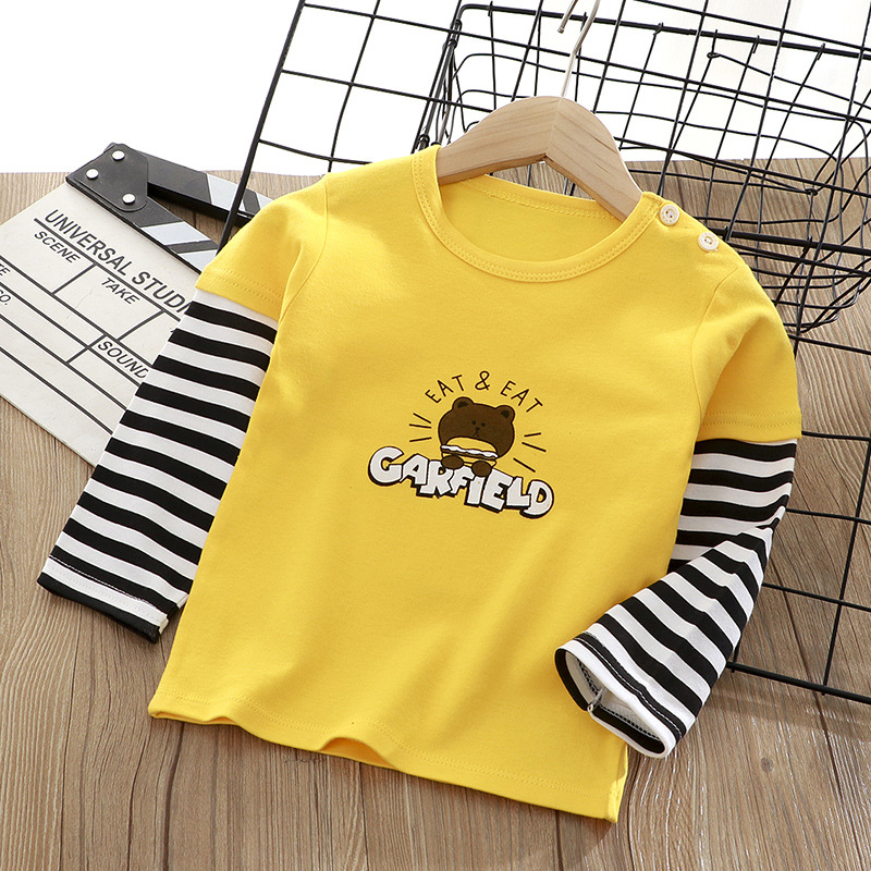 Baby Clothing Yellow - 春秋用長袖コットンTシャツ 子供用 漫画柄 可愛くて快適なイエローのトップス ベビー服 男の子と女の子用
