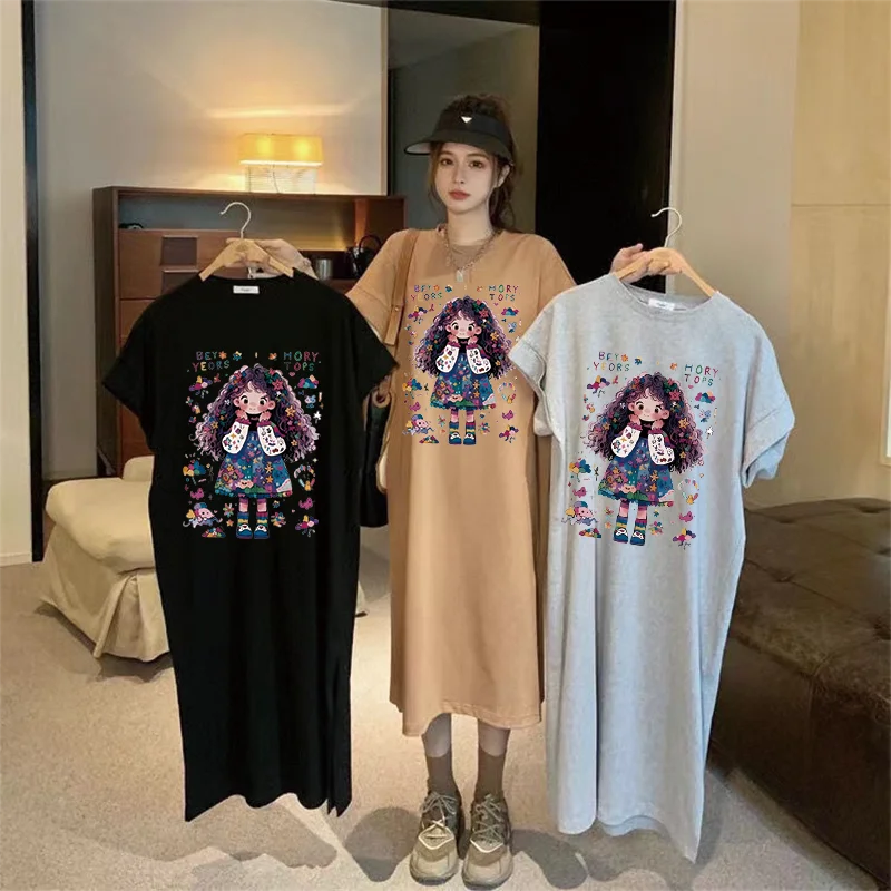 Baby Clothing Sizes - 夏ルーズトレンド漫画かわいい女の子プリント韓国レディース大きいサイズファッショナブルなシンプルカジュアルラウンドネックステッチドレス