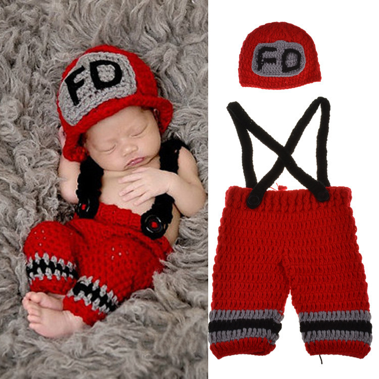 Baby Clothing Yellow - 手作りかぎ針編み新生児男の子写真撮影服消防士消防士コスチュームデザイン0-3ヶ月赤黄色