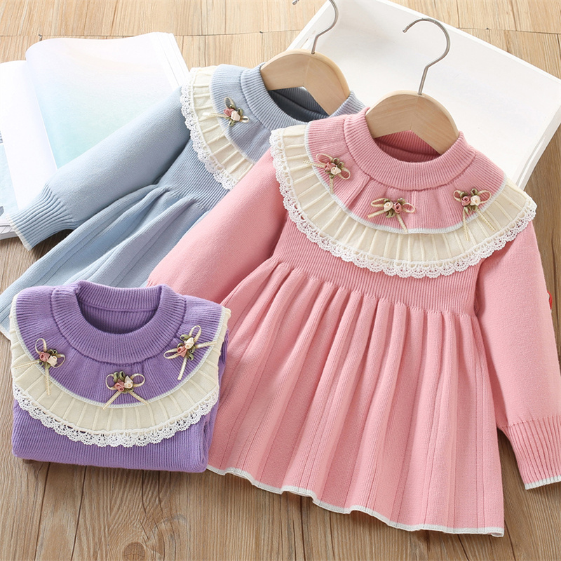 女の赤ちゃんニットドレス子供秋花セーターガウン子供冬暖かい  - Baby Clothing Jumper のレビューと価格