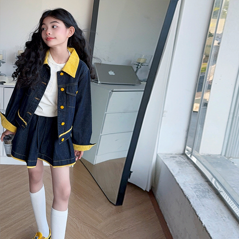 十代の女の子向けトレンドの黄色いラペルデニムジャケットとスカ - Baby Clothing Yellow のレビューと価格